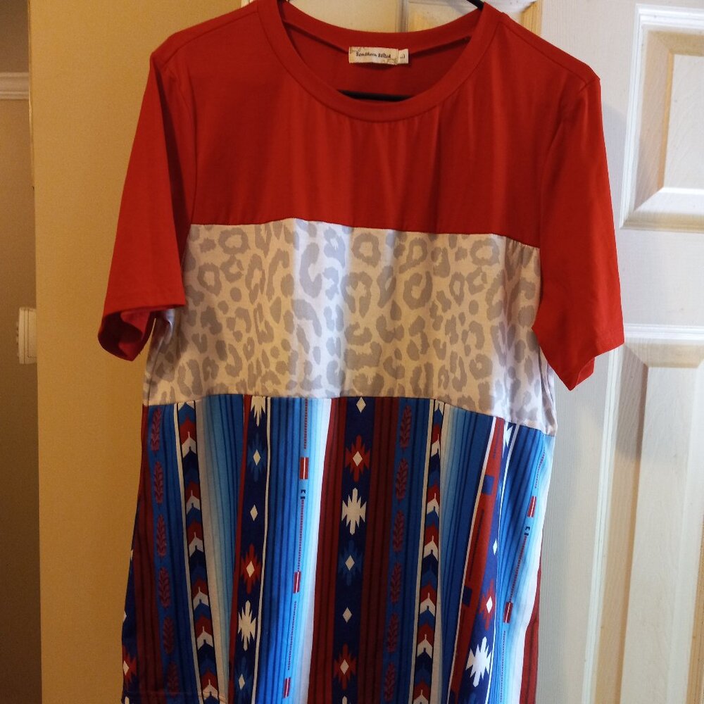 Southern Stitch L shirt in red, gray leopard, & aztec print